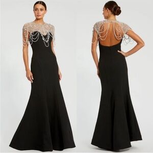 Mac Duggal 11775 Black Draped Pearl Beaded Mermaid Gown sz 10